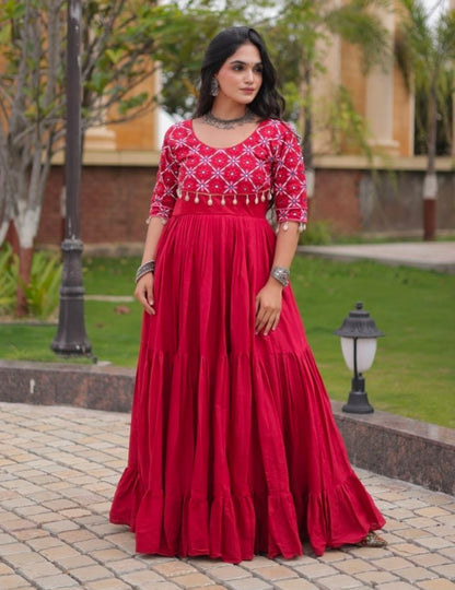 Maroon Pure Kora Cotton Multi Thread Embroidery Real Mirror Work Anarkali Long Gown