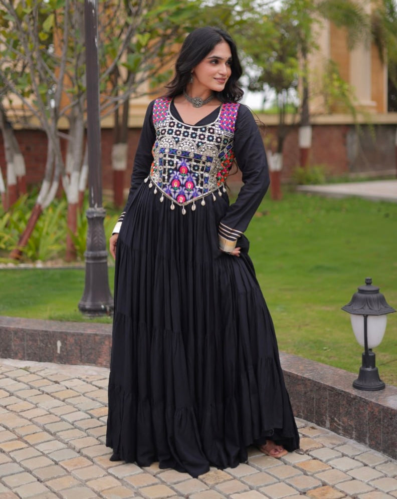 Black Pure Reyon Gota Patti Lace Anarkali Long Gown