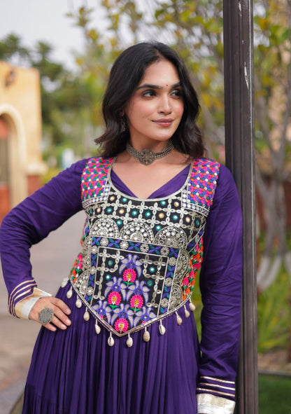 Purple Pure Reyon Gota Patti Lace Anarkali Long Gown