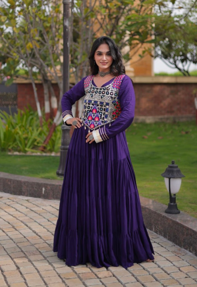 Purple Pure Reyon Gota Patti Lace Anarkali Long Gown