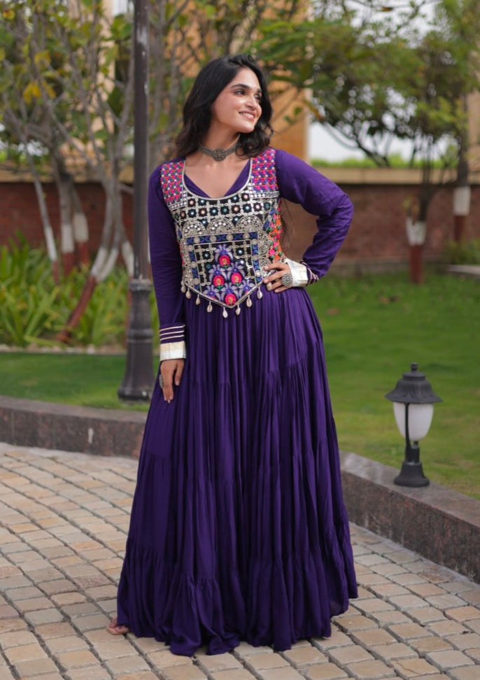 Purple Pure Reyon Gota Patti Lace Anarkali Long Gown