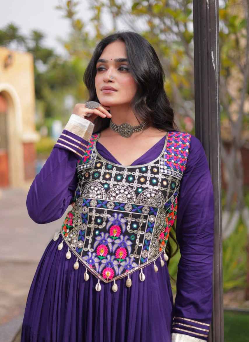 Purple Pure Reyon Gota Patti Lace Anarkali Long Gown