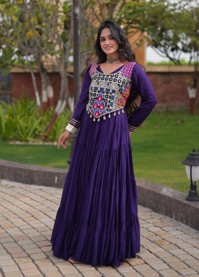 Purple Pure Reyon Gota Patti Lace Anarkali Long Gown