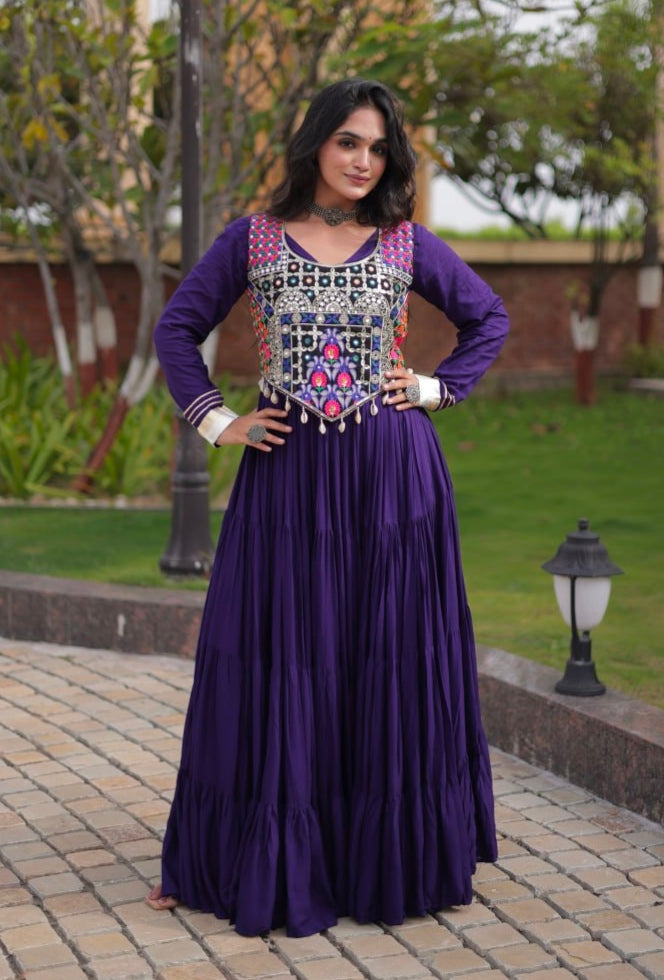 Purple Pure Reyon Gota Patti Lace Anarkali Long Gown