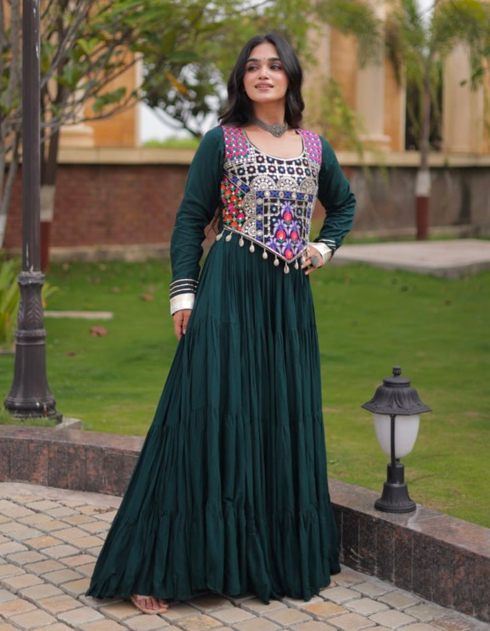 Green Pure Reyon Gota Patti Lace Anarkali Long Gown
