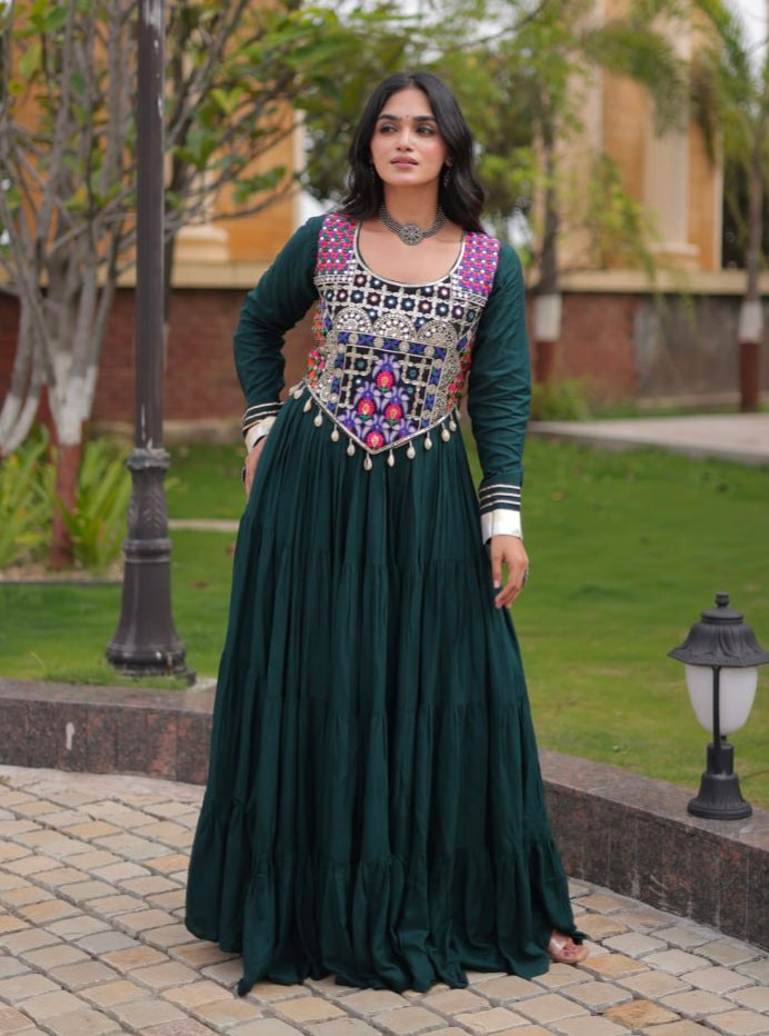 Green Pure Reyon Gota Patti Lace Anarkali Long Gown