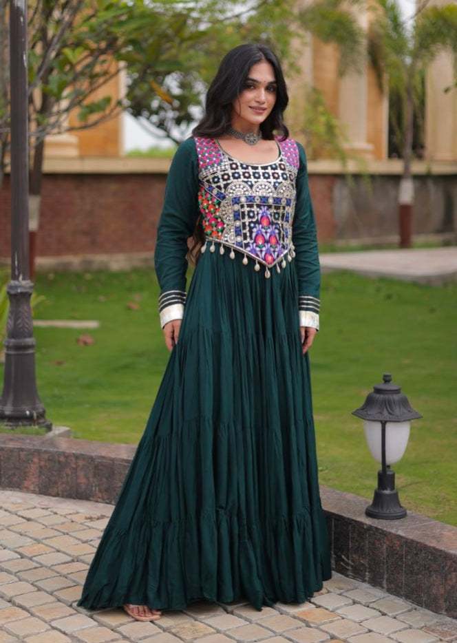 Green Pure Reyon Gota Patti Lace Anarkali Long Gown