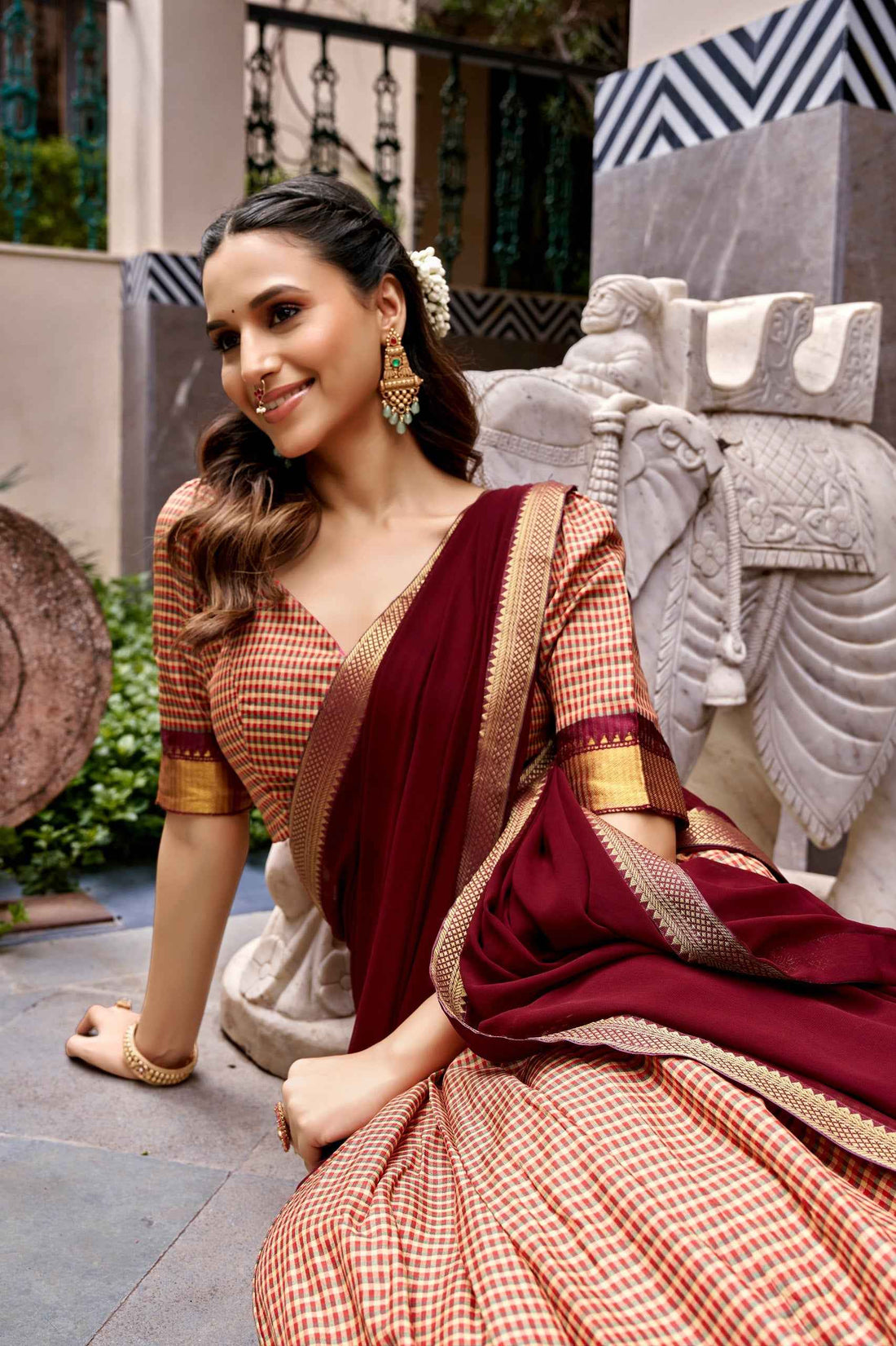 Brown Pure Kanchi Cotton Chex South Indian Lehenga Choli
