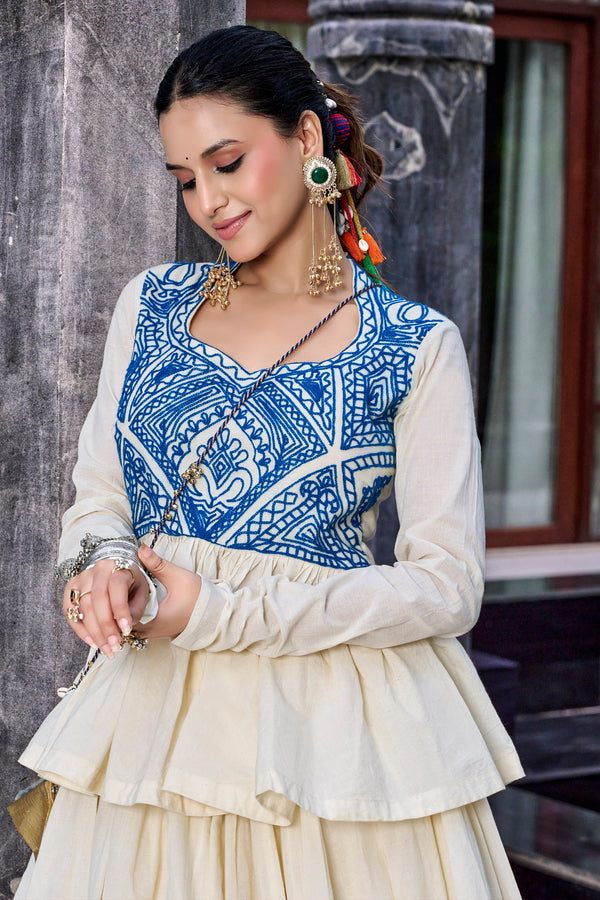 Cream Pure Cotton 08 Mtr Kashida & Gamthi Work Navratri Lehenga Choli