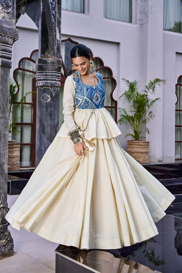 Cream Pure Cotton 08 Mtr Kashida & Gamthi Work Navratri Lehenga Choli