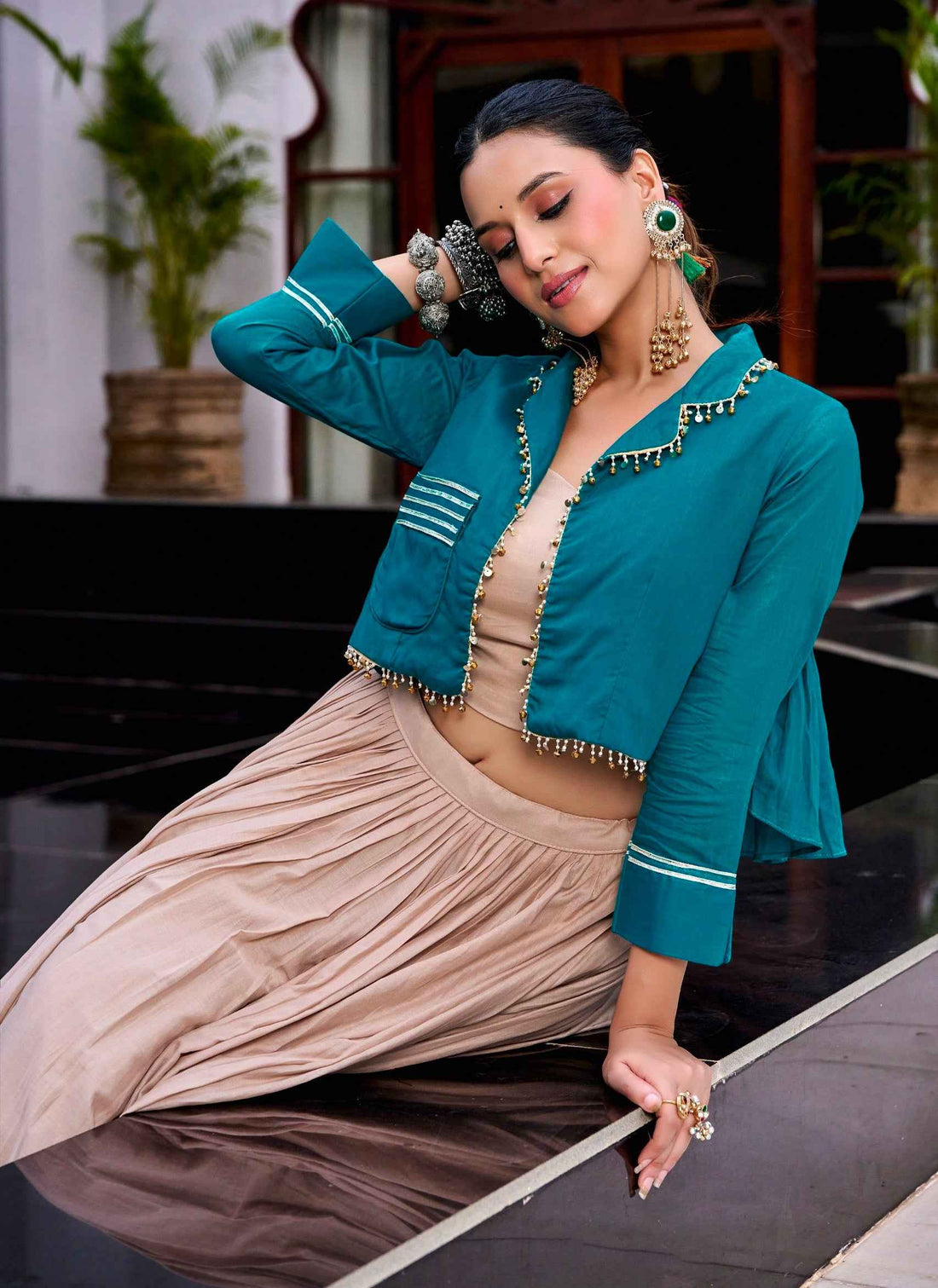 Beige Pure Cotton 08 Mtr Kashida &amp; Gamthi Work Navratri Lehenga Choli
