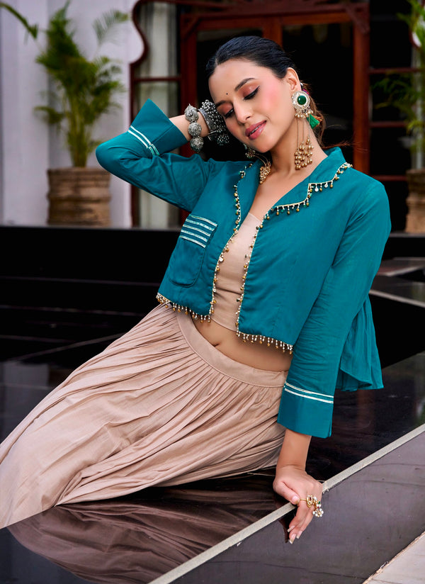 Beige Pure Cotton 08 Mtr Kashida & Gamthi Work Navratri Lehenga Choli