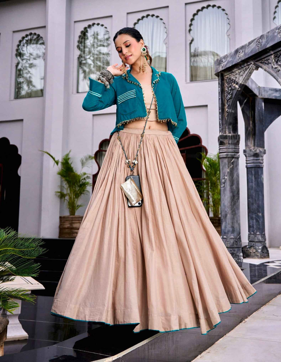 Beige Pure Cotton 08 Mtr Kashida &amp; Gamthi Work Navratri Lehenga Choli