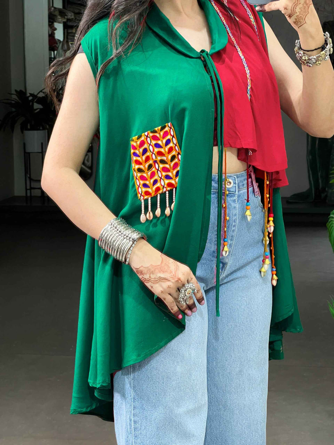 Multicolor Pure Reyon Chinon Lightweight Gamthi Work Work Readymade Navratri Kurti Top