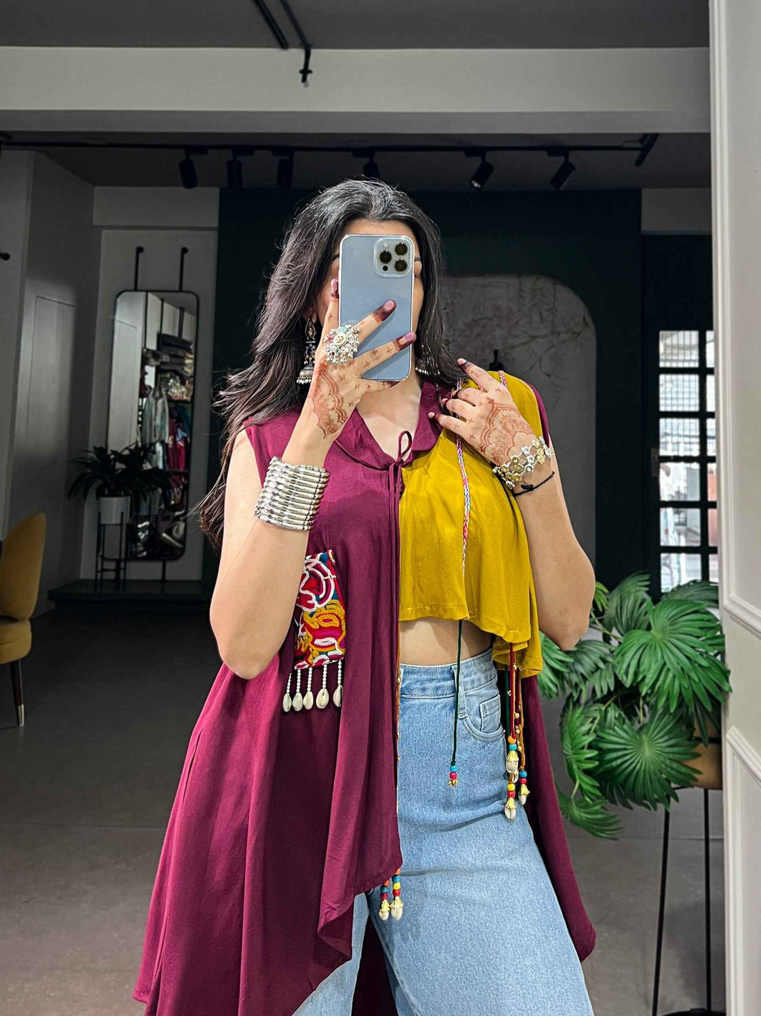 Multicolor Pure Reyon Chinon Lightweight Gamthi Work Work Readymade Navratri Kurti Top