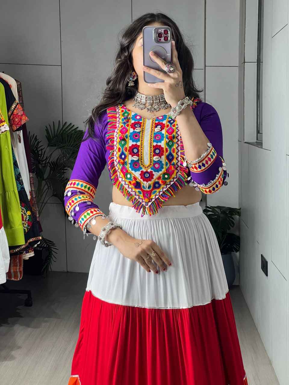 Multi Pure Rayon Cotton Multi Coloured Frilled Kali With Gota Work Navratri Lehenga Choli