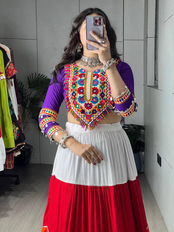 Multi Pure Rayon Cotton Multi Coloured Frilled Kali With Gota Work Navratri Lehenga Choli