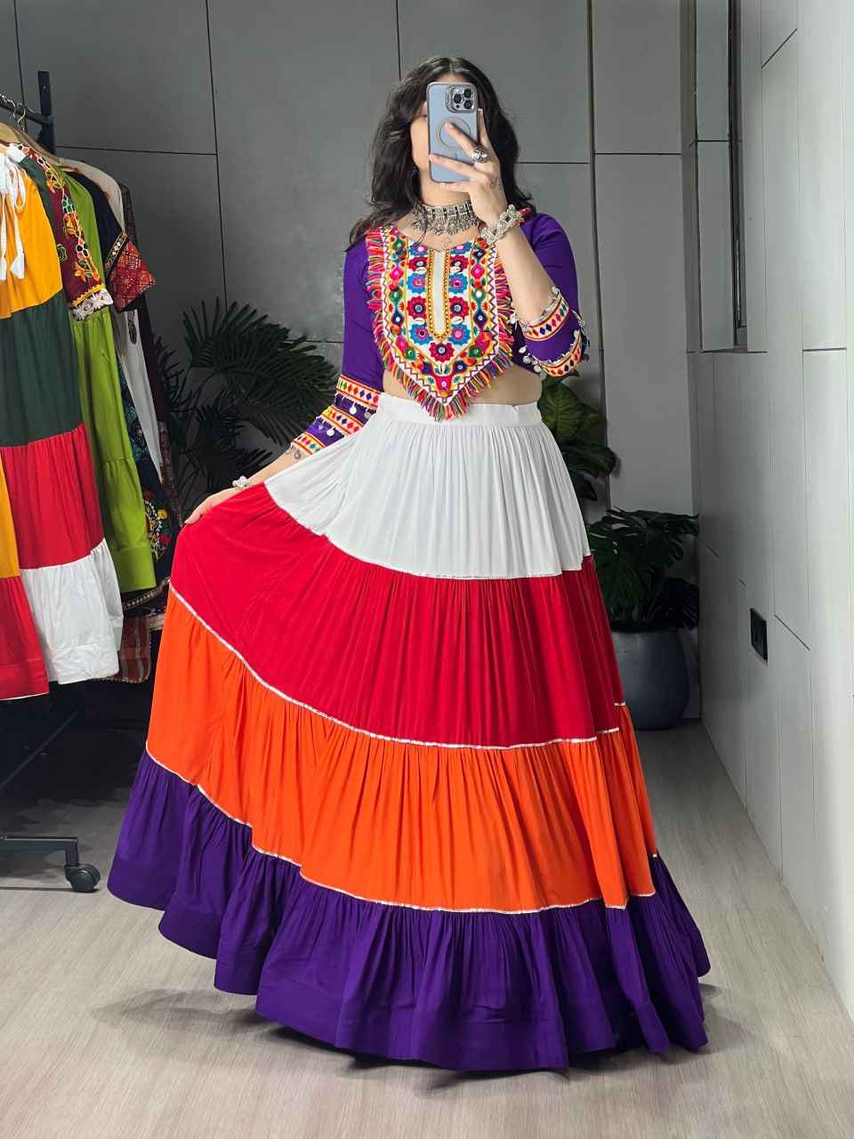 Multi Pure Rayon Cotton Multi Coloured Frilled Kali With Gota Work Navratri Lehenga Choli