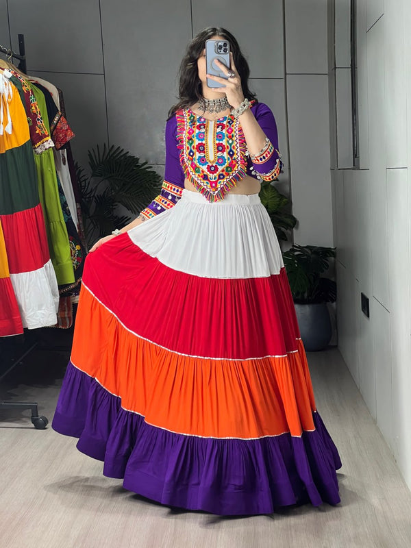 Multi Pure Rayon Cotton Multi Coloured Frilled Kali With Gota Work Navratri Lehenga Choli