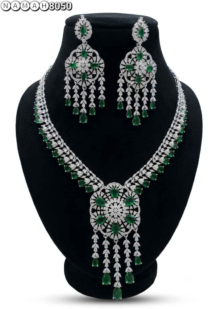 Green White American Diamond Necklace Jewellery Set