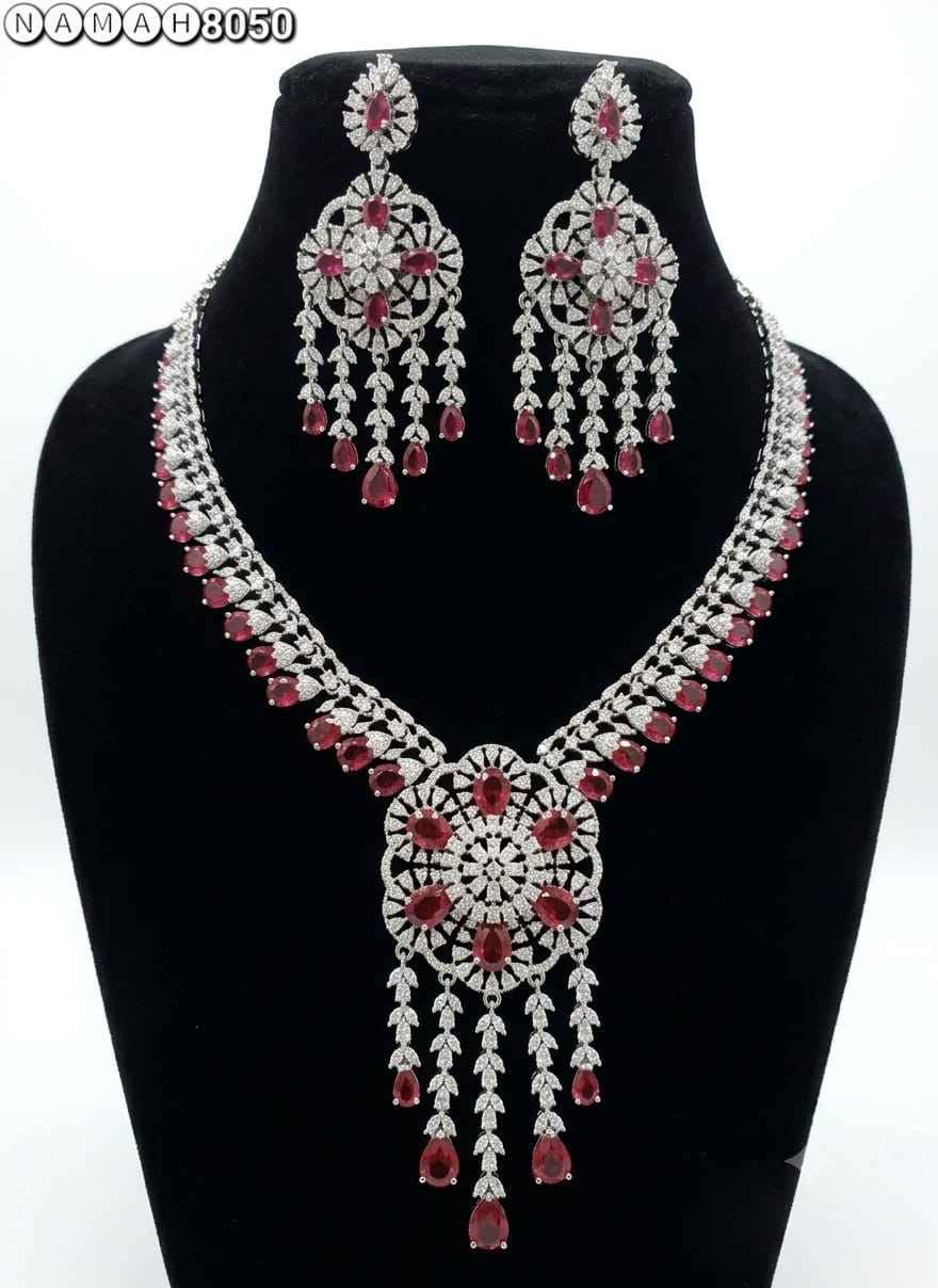 Red White American Diamond Necklace Jewellery Set