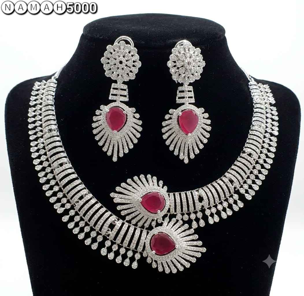 Red American Diamond Necklace Jewellery Set