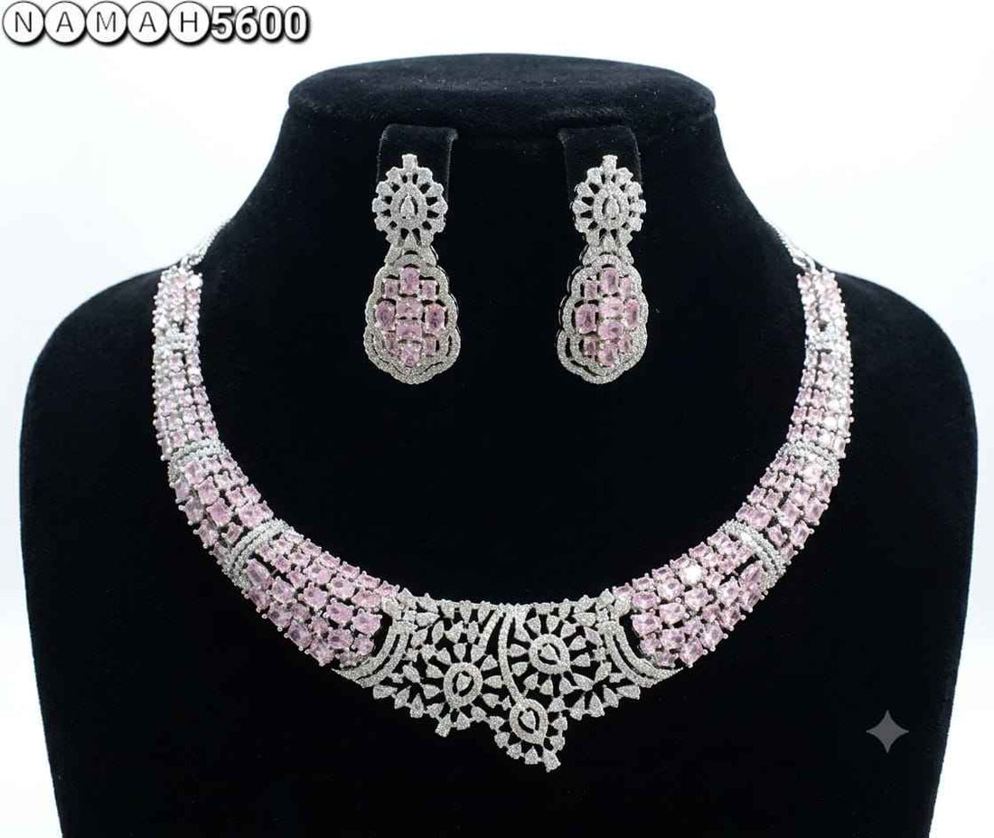 Pink American Diamond Necklace Jewellery Set