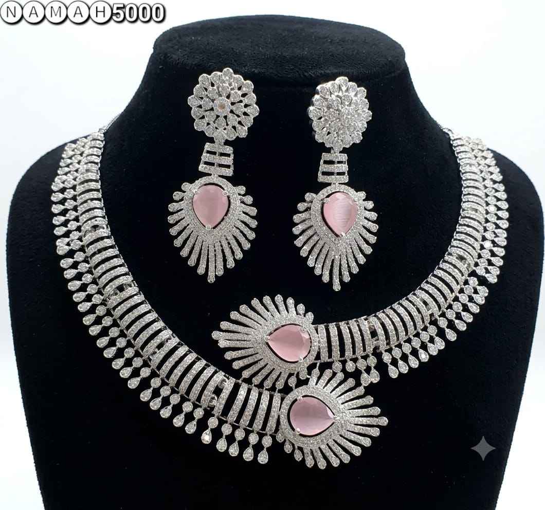 Pink American Diamond Necklace Jewellery Set