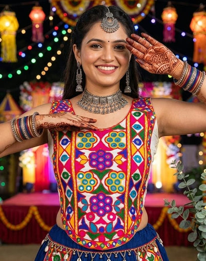 Multi Pure Megic Cotton Halter Neck Style Real Shell Work Navratri Blouse