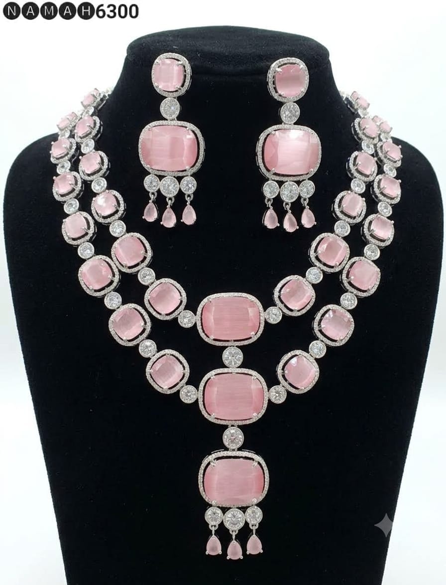 Pink American Diamond Necklace Jewellery Set