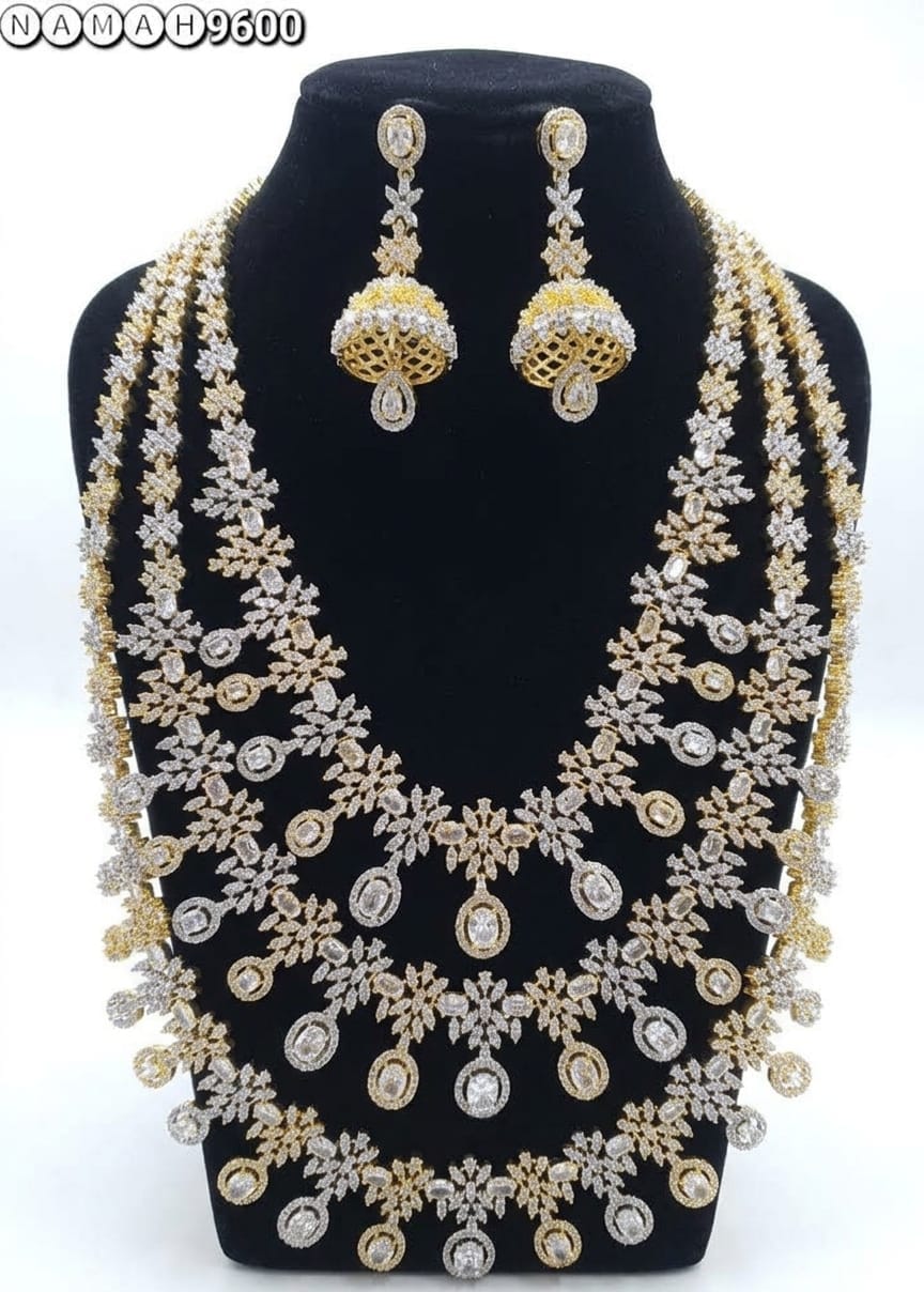 White &amp; Gold American Diamond Necklace Jewellery Set