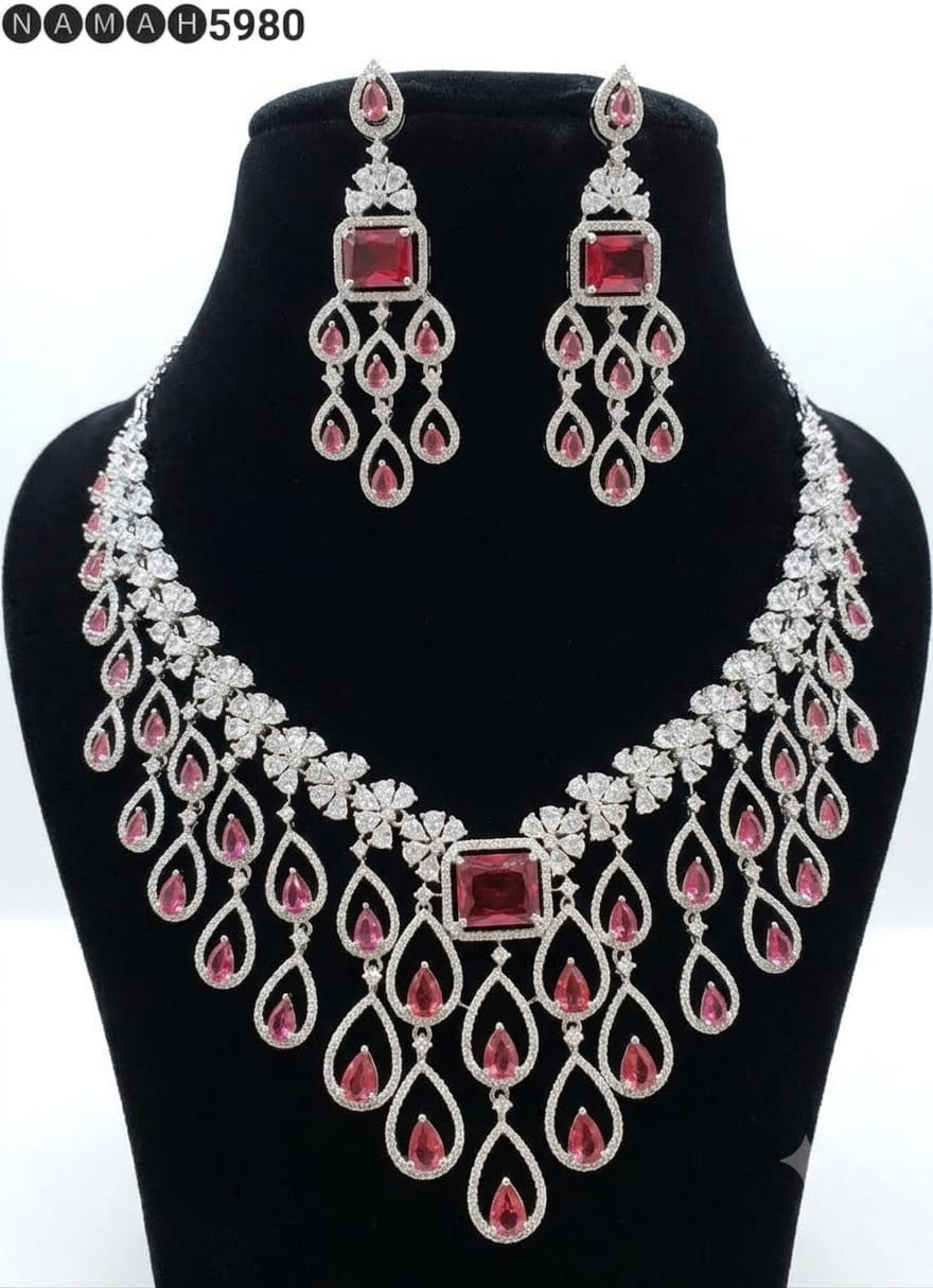 White &amp; Red American Diamond Necklace Jewellery Set