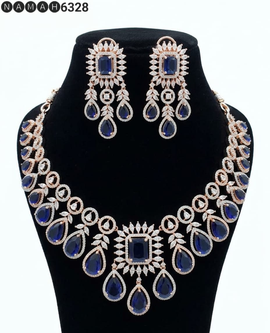 Blue American Diamond Necklace Jewellery Set