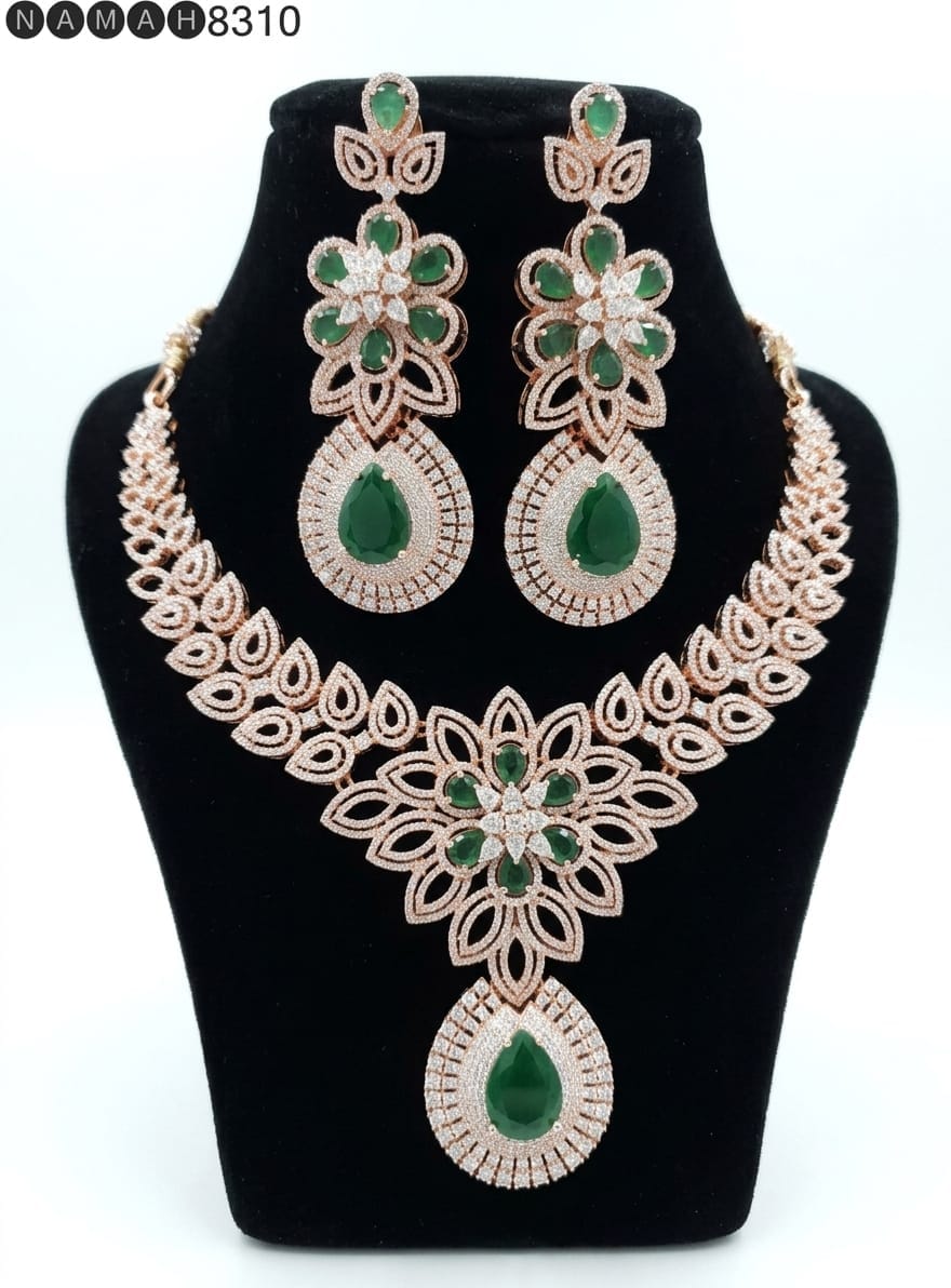 Green American Diamond Necklace Jewellery Set
