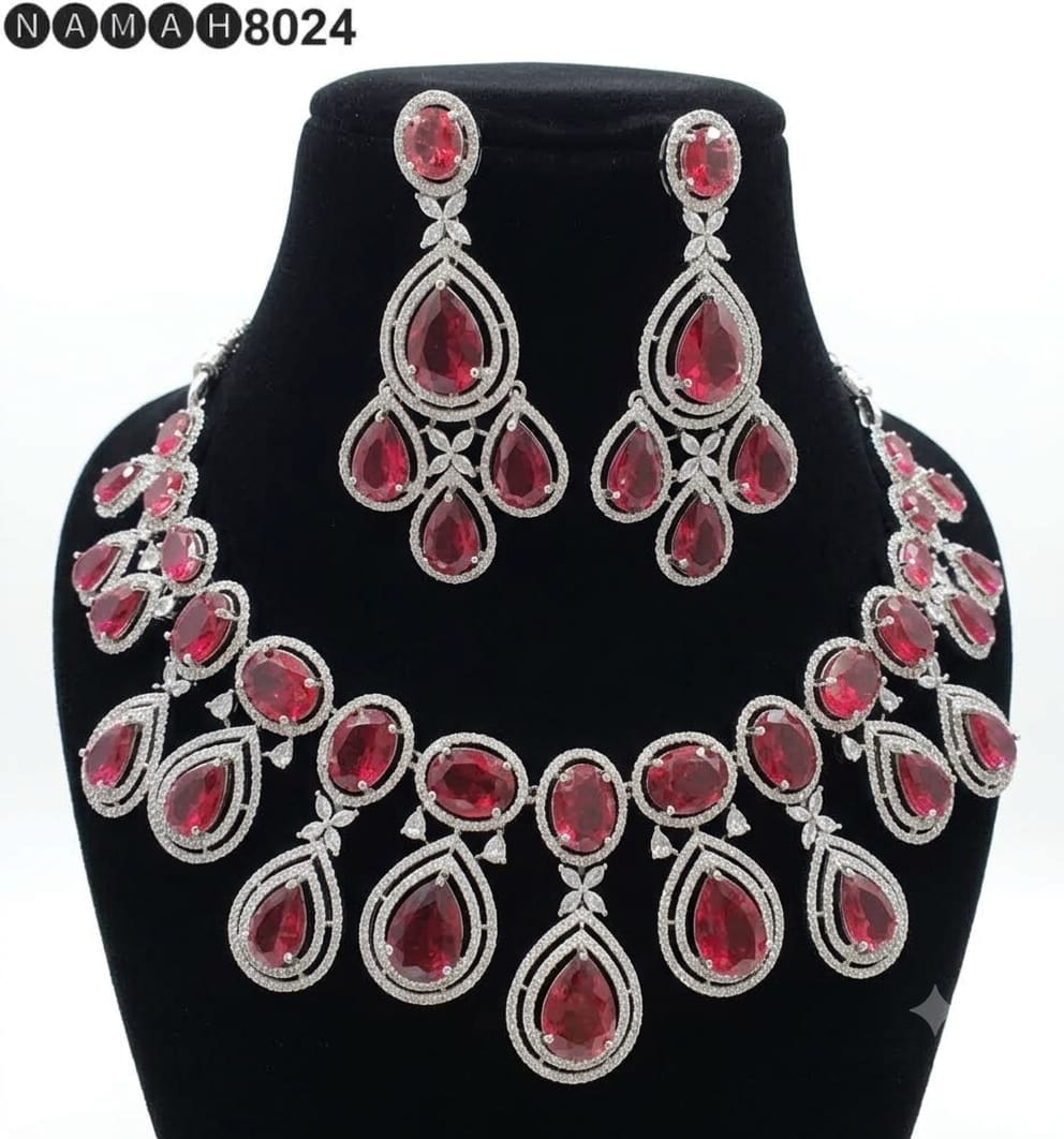 Red American Diamond Necklace Jewellery Set