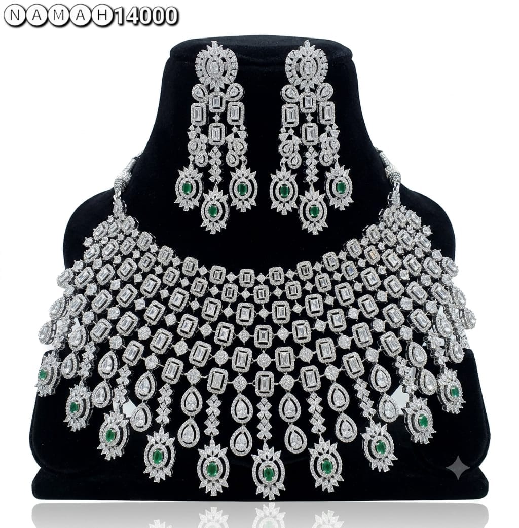 Green &amp; White American Diamond Necklace Jewellery Set