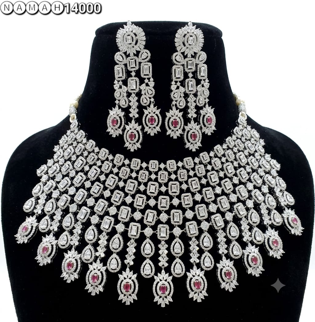 Red &amp; White American Diamond Necklace Jewellery Set