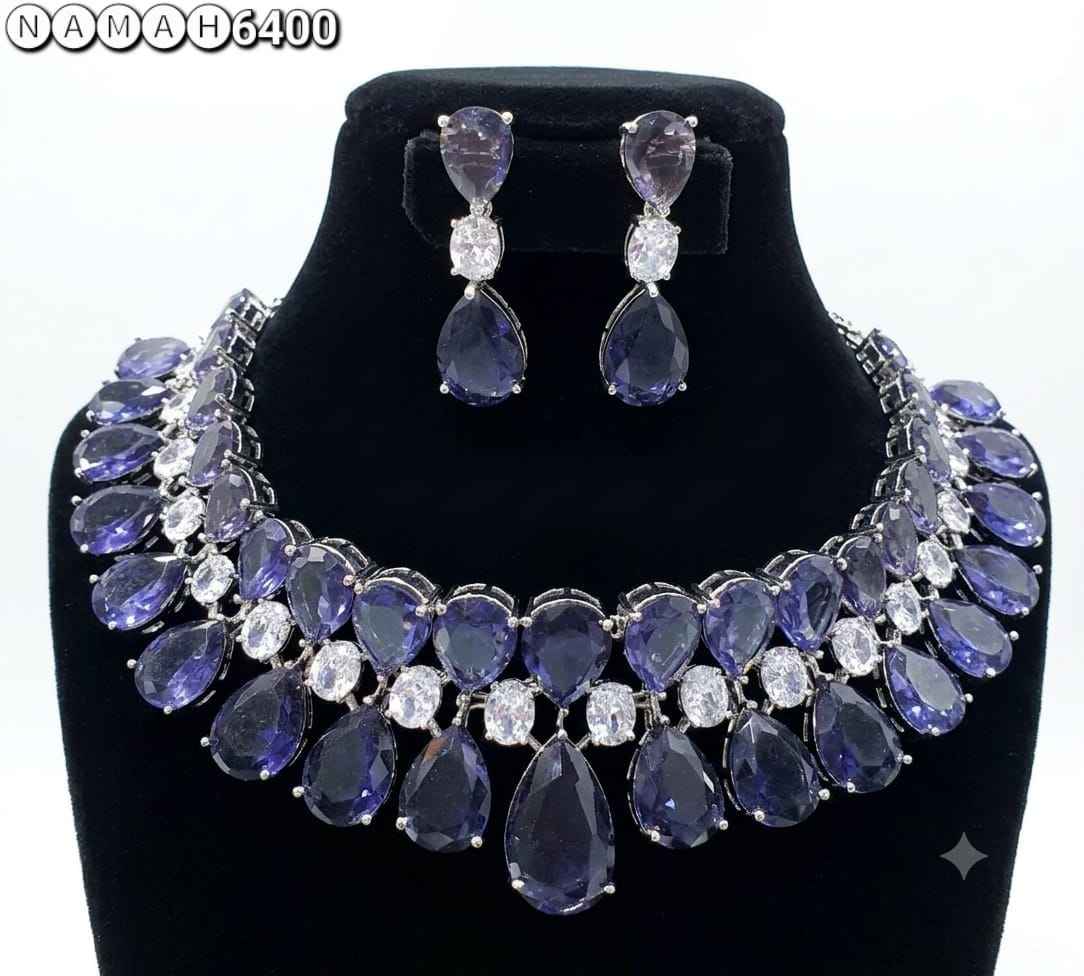 Blue Gold American Diamond Necklace Jewellery Set