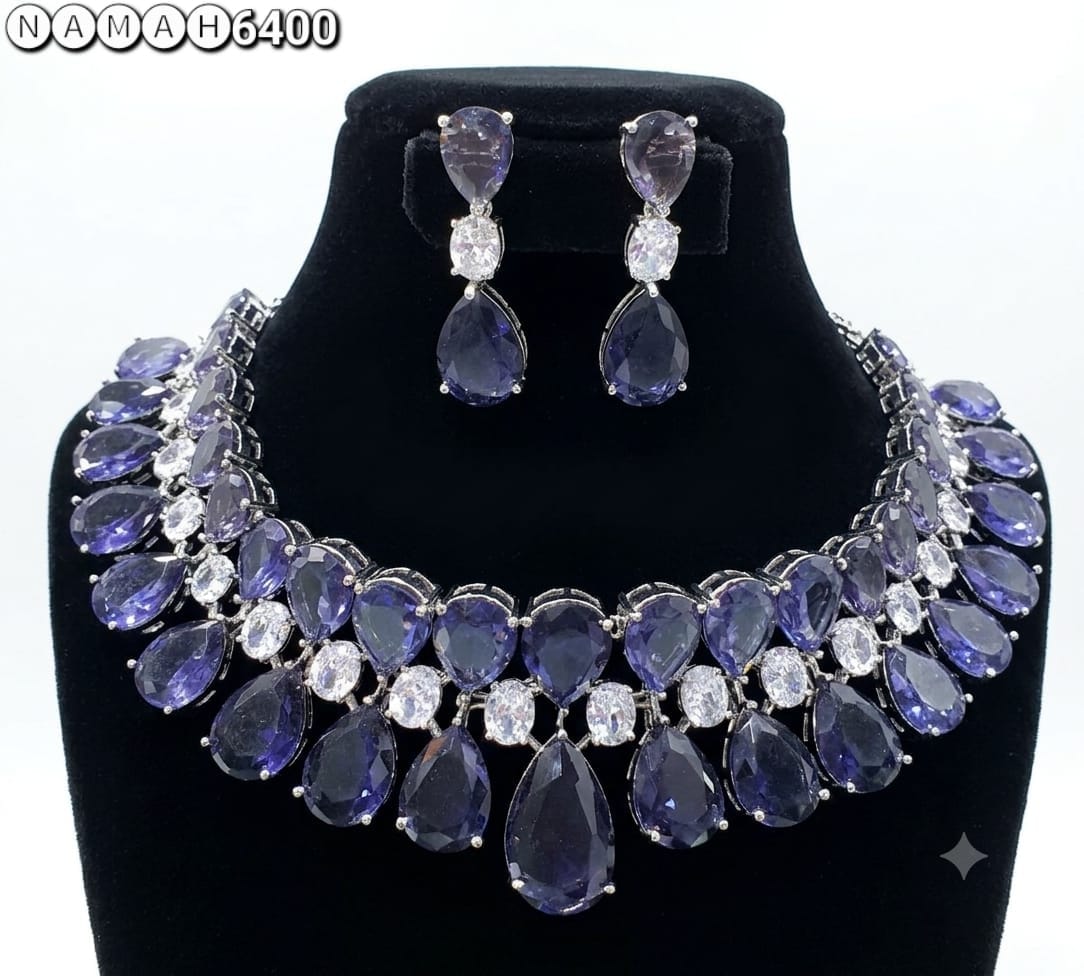 Blue Gold American Diamond Necklace Jewellery Set