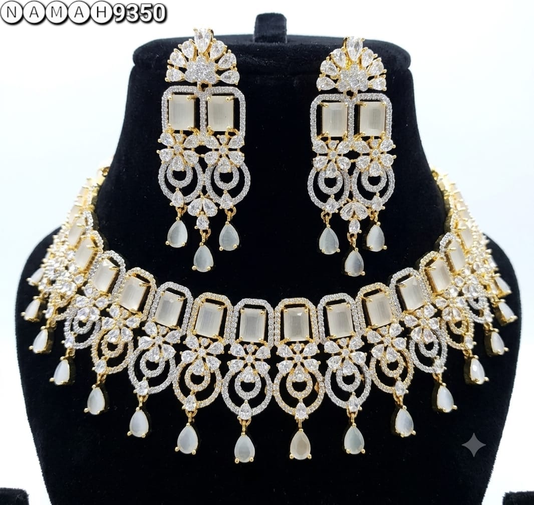 White Gold American Diamond Necklace Jewellery Set