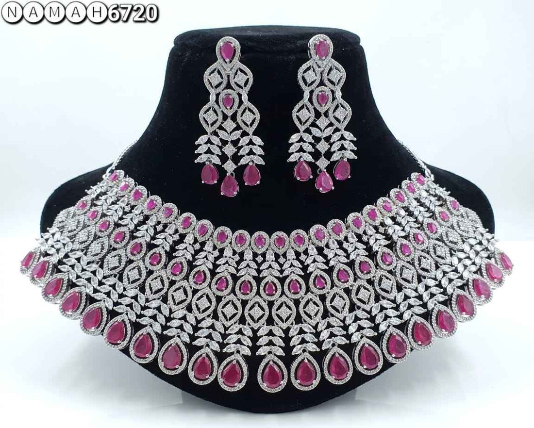 Pink American Diamond Necklace Jewellery Set
