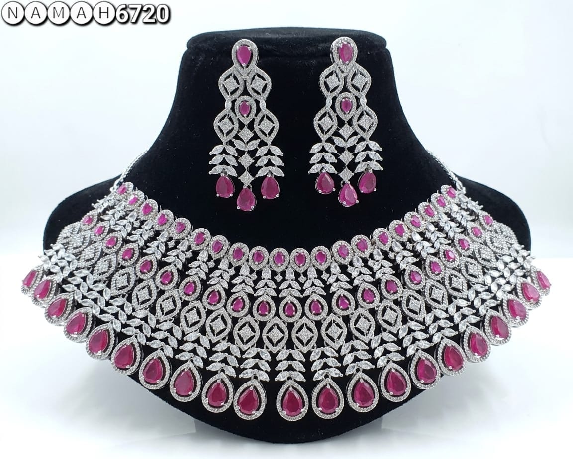 Pink American Diamond Necklace Jewellery Set
