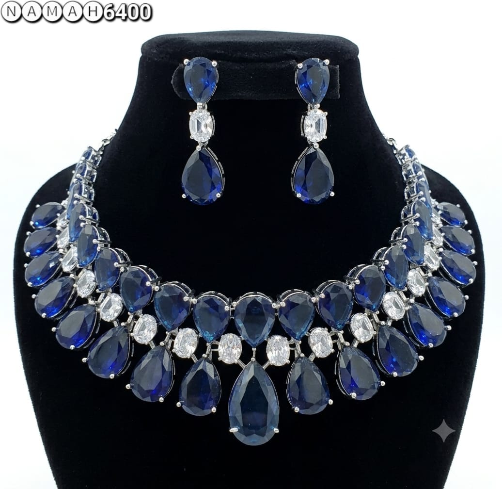 Blue Gold American Diamond Necklace Jewellery Set