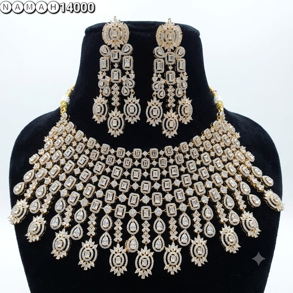 Gold &amp; White American Diamond Necklace Jewellery Set