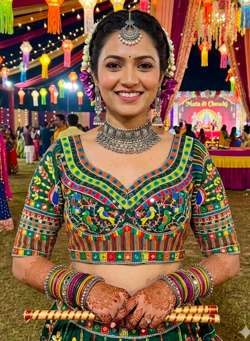 Green Pure Heavy Italian Silk Gamthi &amp; Shell Lace Pattern Work Navratri Blouse