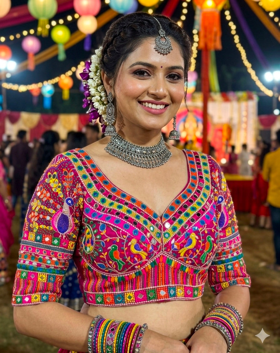 Rani Pure Heavy Italian Silk Gamthi &amp; Shell Lace Pattern Work Navratri Blouse