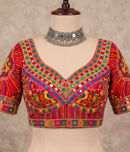 Red Pure Heavy Italian Silk Gamthi &amp; Shell Lace Pattern Work Navratri Blouse