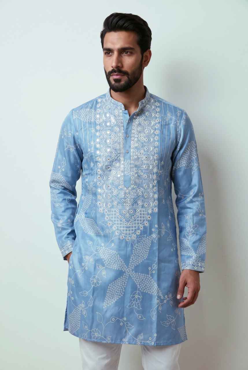Sky Pure Simmer Silk Embroidery Sequins Work With Printed Kurta Pajama