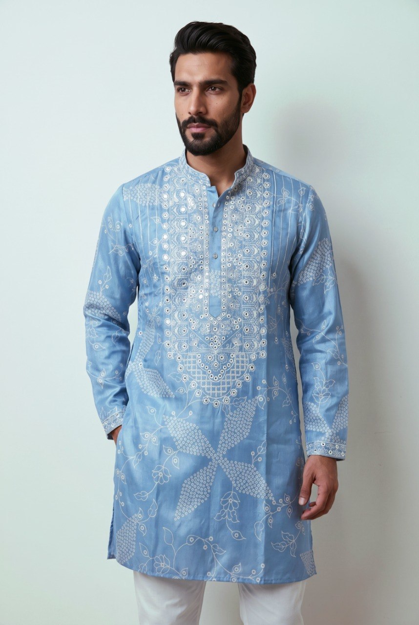 Sky Pure Simmer Silk Embroidery Sequins Work With Printed Kurta Pajama