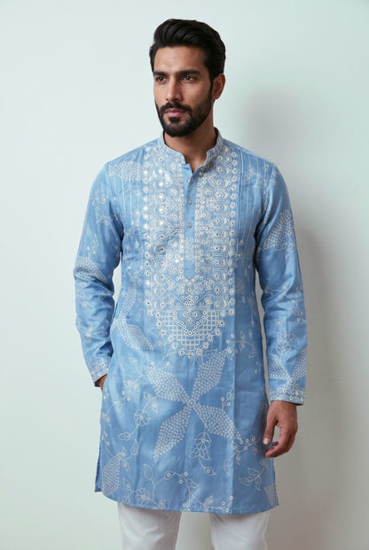 Sky Pure Simmer Silk Embroidery Sequins Work With Printed Kurta Pajama
